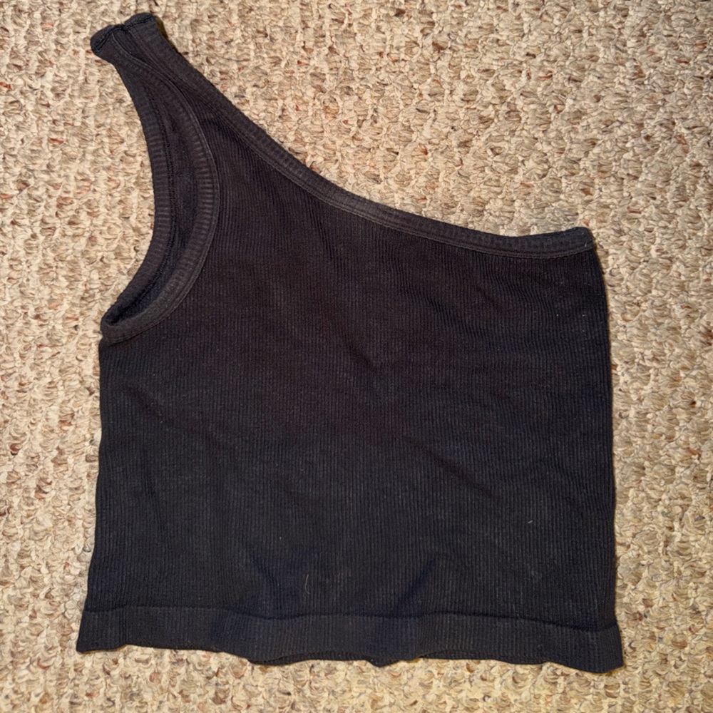 One-Shoulder Ribbed Tank Top - Black